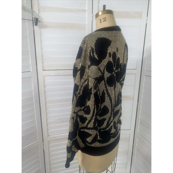 VINTAGE Jane Adams 80s Black Gold Oversized Sweater Preppy USA Made Sz Med / Lar - Picture 3 of 6